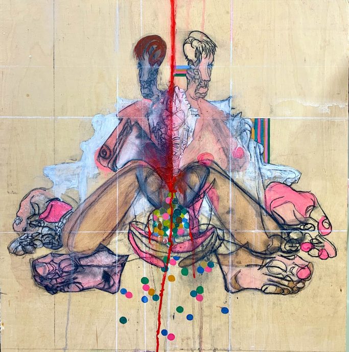 Abstract artwork featuring a central figure with colorful details and dynamic forms.