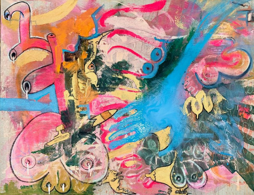 Colorful abstract artwork featuring bold lines, shapes, and a prominent blue hand.