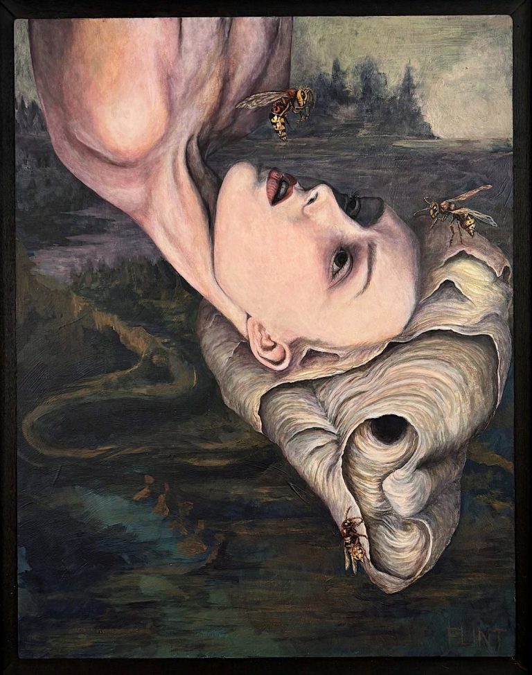 Surreal painting of a woman's face upside down, with a hornet's nest for her hair. She is surrounded by nature and small hornets.