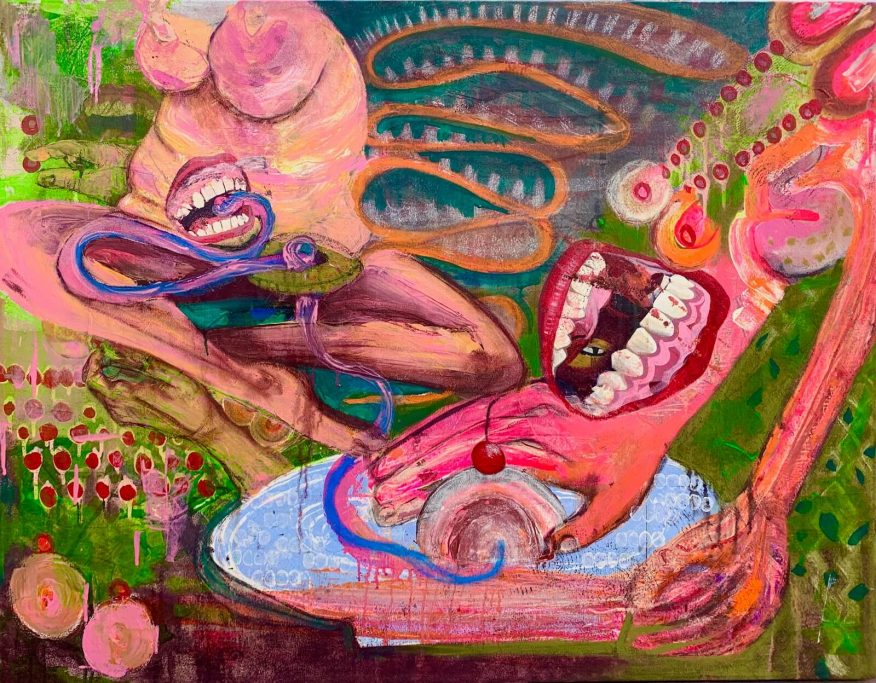 Surreal artwork depicting intertwined figures with exaggerated features and vibrant colors.