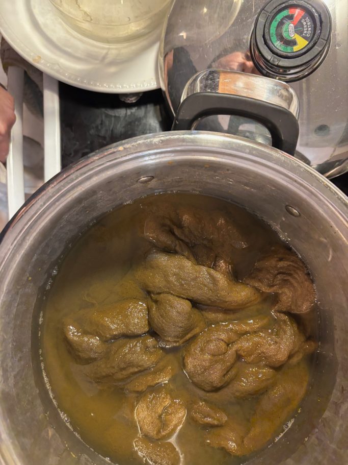a pot of wool soaking in hickory nut dye and iron