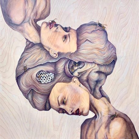 Two abstract, intertwined female figures with intricate hairstyles and thoughtful expressions.