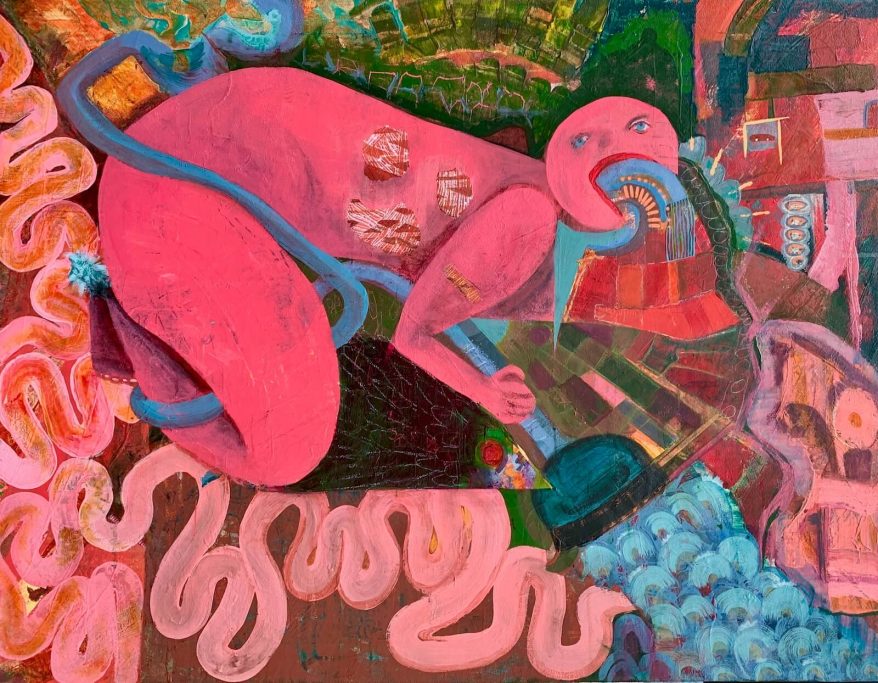 A vibrant, surreal artwork featuring a pink figure intertwined with abstract forms.