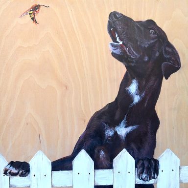 painting of a black great dane standing up with feet on a white picket fence while barking at large European Hornet
