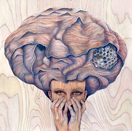 Person with a large, intricate brain-shaped head, expressing emotion with hands covering their face.