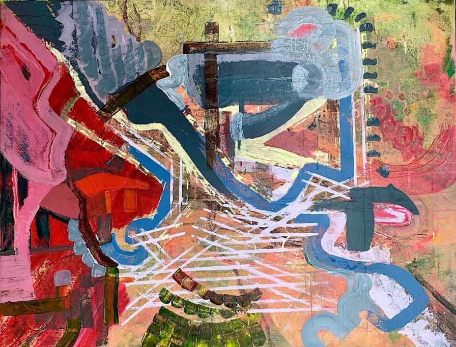 Abstract painting with bold colors and dynamic shapes, blending reds, blues, and greens.