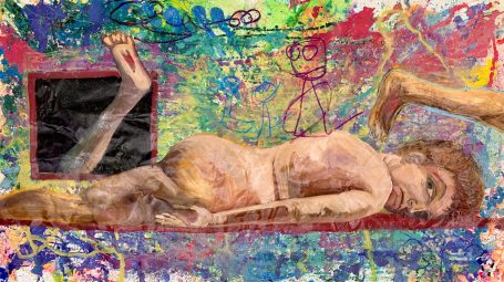 A reclining figure against a colorful, abstract background.