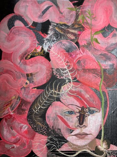 Abstract artwork featuring a blend of faces, flowers, and organic elements in pink tones.