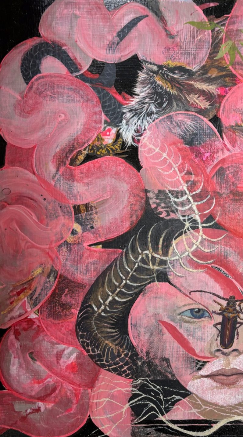 Abstract figurative painting of pink guts, roadkill, insects, and a young girl