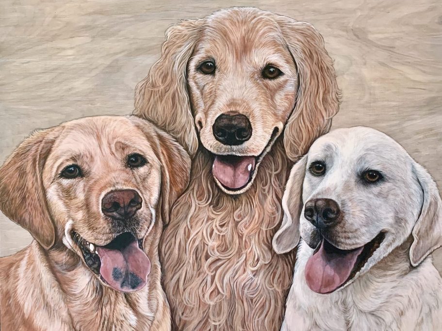 painting of 3 dogs: yellow lab, golden retriever, and white labrador.
