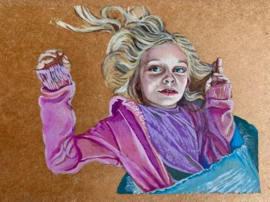 Young girl with disheveled hair, wearing a pink hoodie, looking upwards with a thoughtful expression.