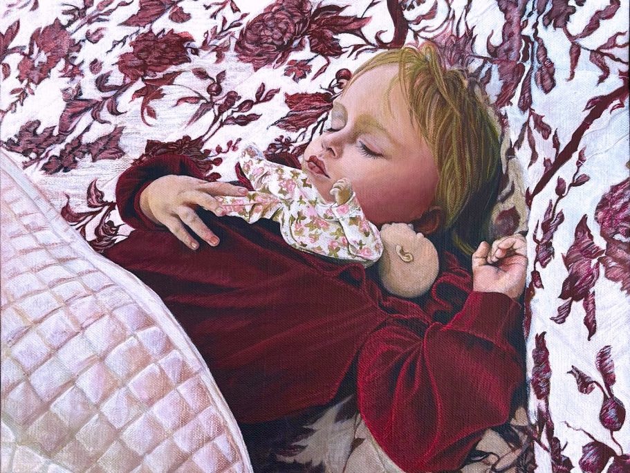 painting of a sleeping child in a burgundy top with a babydoll resting on her chest.