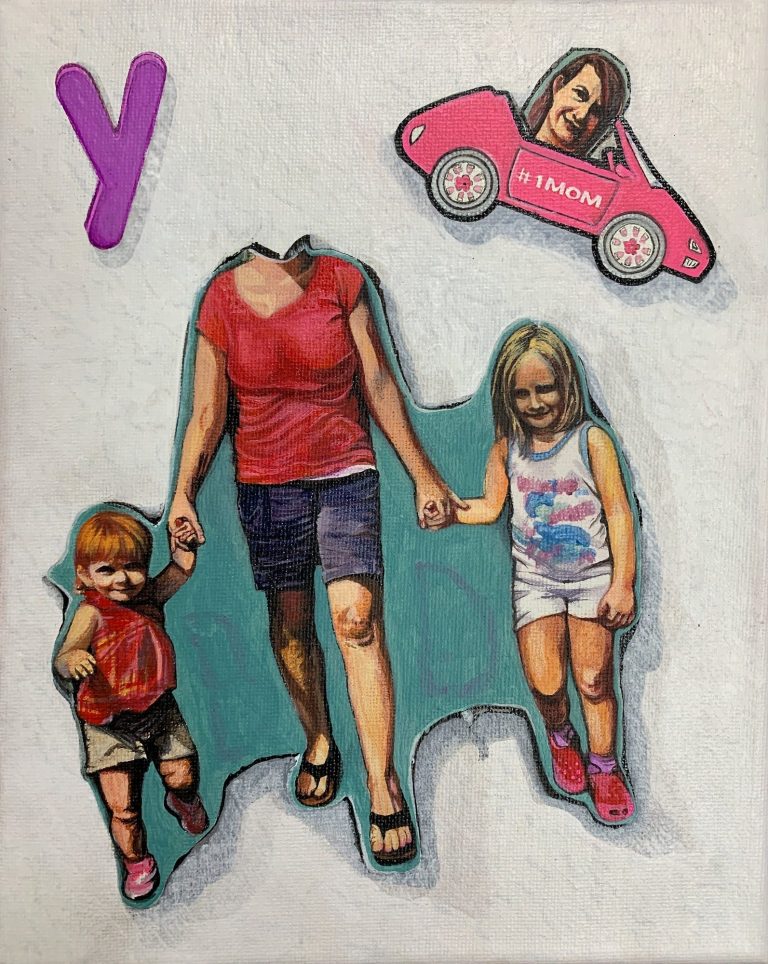 A woman and two children hold hands, with a pink toy car above them. Letter "Y" is featured.