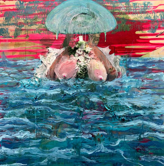Two figures with an umbrella in water, surrounded by vibrant colors and abstract patterns.