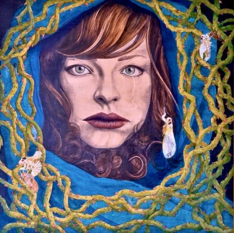 A woman's face surrounded by green vines and marine elements on a blue background.