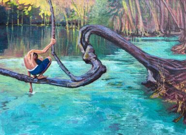 Person swinging on a tree branch over turquoise water in a lush, tropical setting.