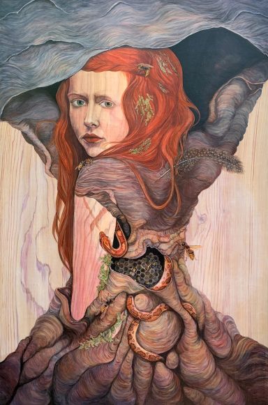 A woman with red hair gazes back, surrounded by swirling colors and textures.